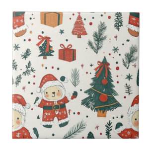 Carreau Joli ours en peluche & Père Noël sur fond blanc (1