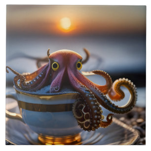 Carreau Joli petit poulpe dans une tasse à thé au lever du