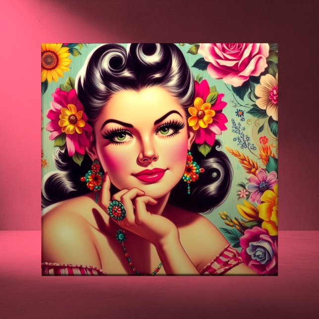 Carreau Joli portrait rétro floral pin-up (Créateur téléchargé)
