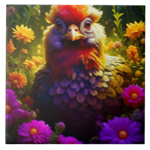 Carreau Joli poulet coloré dans un jardin fleuri