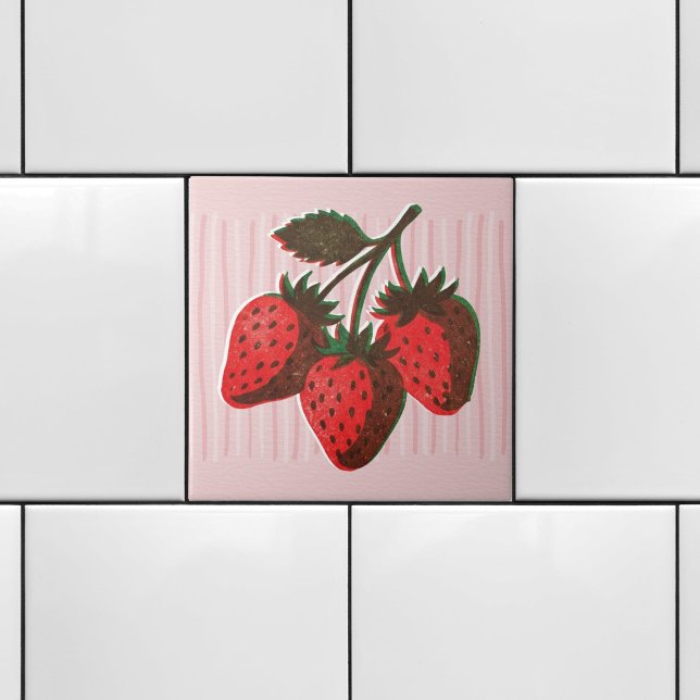 Carreau Joli Risographe Rose 3 Fraises & Rayures  (Créateur téléchargé)
