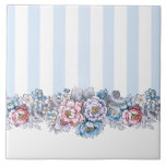 Carreau Joli rose, violet et bleu Fleurs et bandes<br><div class="desc">Joli design d'inspiration vintage avec des rangées de bandes verticales bleues et blanches avec bordure colorée de fleurs rose, bleu et violet avec contours foncés.</div>
