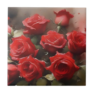 Carreau Joli roses rouge vif jardin aquarelle peinture