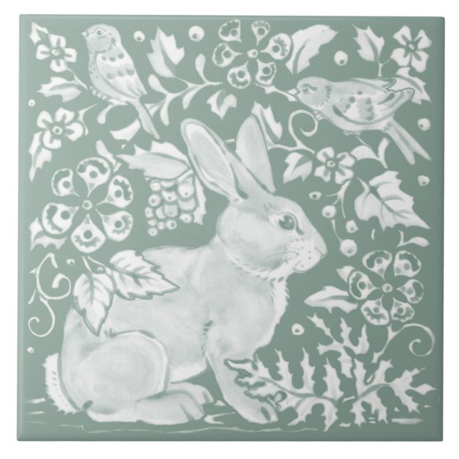Carreau Joli Sage Green Rabbit Oiseau Bois Floral (Devant)