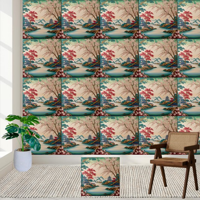 Carreau Jolie Blossom & Mountain Chinoiserie Tile Art (Pretty Blossom & Mountain Chinoiserie Tile Art)