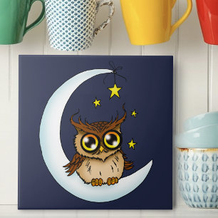 Carreau Jolie chouette brune croissant lune étoiles bleues