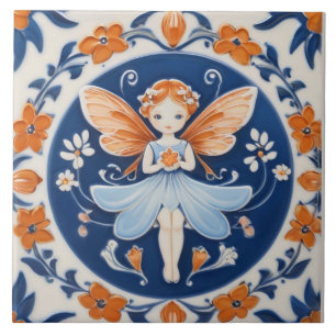 Carreau Jolie fée tenant une fleur bleue et orange florale