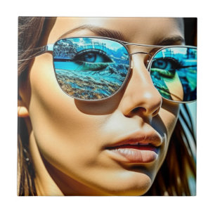 Carreau Jolie femme avec réflexion sur les lunettes de sol