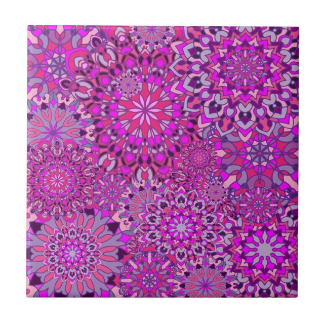 Carreau Jolie Fille Boho Chic Rose Purple Floral Mandalas (Devant)