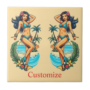 Carreau Jolie fille de plage en bikini aux cheveux noirs T