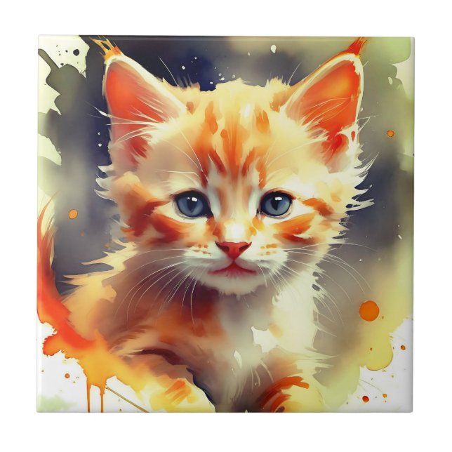 Carreau Jolie peinture aquarelle d'un mignon chat orange (Devant)
