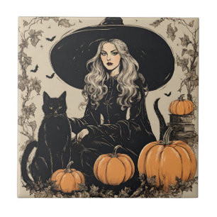 Carreau Jolie sorcière d'Halloween Vintage avec chat noir