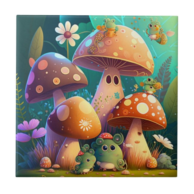 Carreau Jolis champignons et fleurs insectes vert      (Devant)