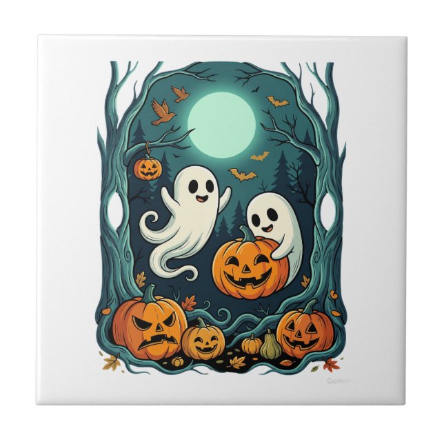 Carreau Jolis fantômes d'Halloween et forêt de citrouilles (Devant)