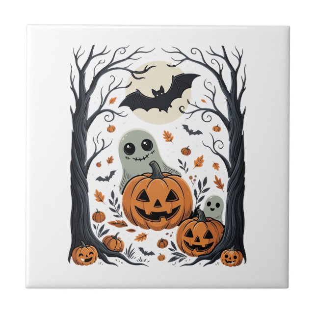 Carreau Jolis fantômes d'Halloween et forêt de citrouilles (Devant)