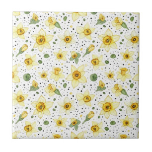 Carreau Jonquilles rétro jaunes et blanches et fleurs à po