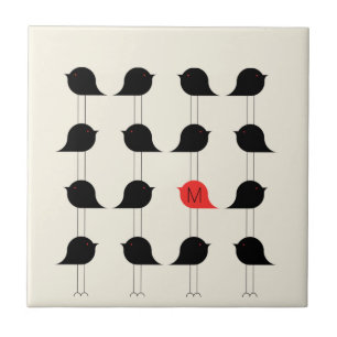 Carreau Jouer moderne Black Red Birds Motif Monogramme