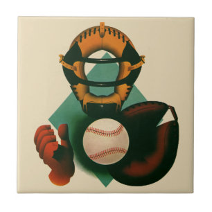 Carreau Joueur de baseball vintage, receveur avec gant