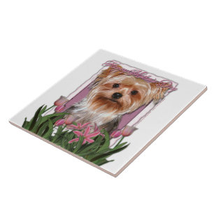 Carreau Jour de mères - tulipes roses - Yorkshire Terrier