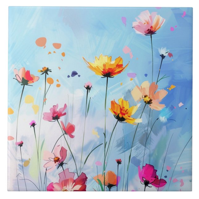 Carreau Jour d'été parfait, ciel ensoleillé et fleurs en f (Devant)