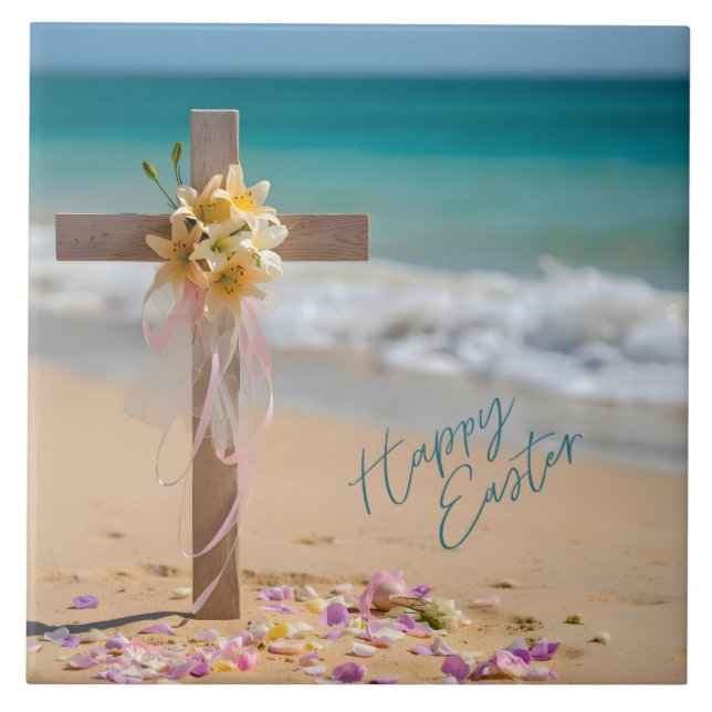 Carreau Joyeuses Pâques Croix en Bois et Lys sur la Plage (Devant)