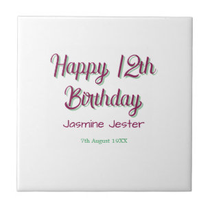 Carreau joyeux 12ème anniversaire vert rose nom date simpl