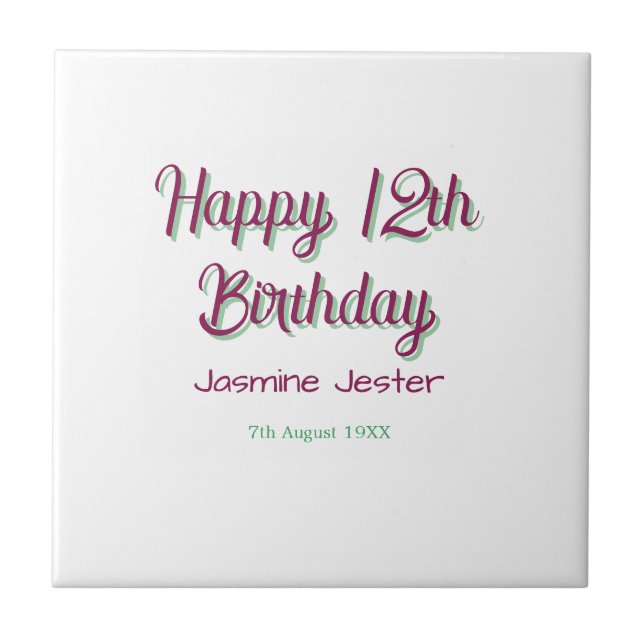 Carreau joyeux 12ème anniversaire vert rose nom date simpl (Devant)