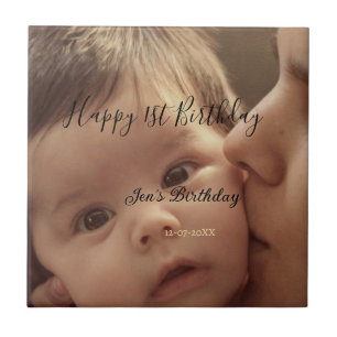Carreau Joyeux 1er anniversaire nom photo date calligraphi