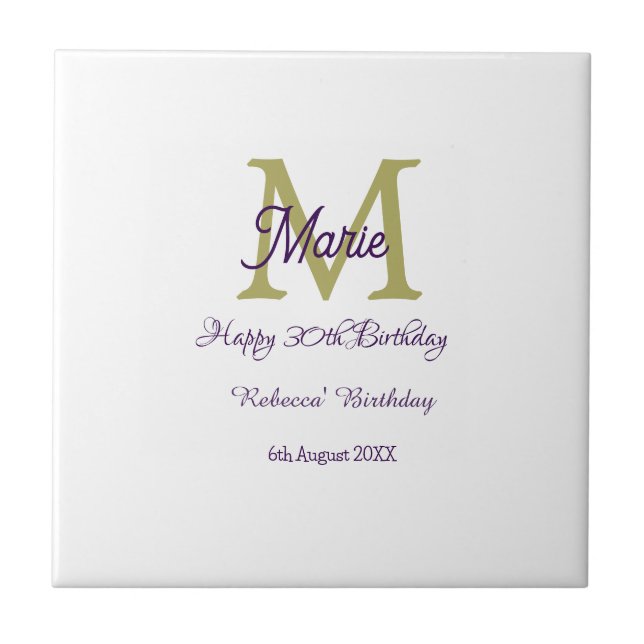 Carreau Joyeux 30e Anniversaire monogramme moderne nom gol (Devant)