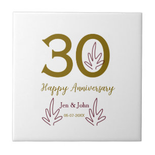 Carreau Joyeux 30e anniversaire nom date feuille rouge dor