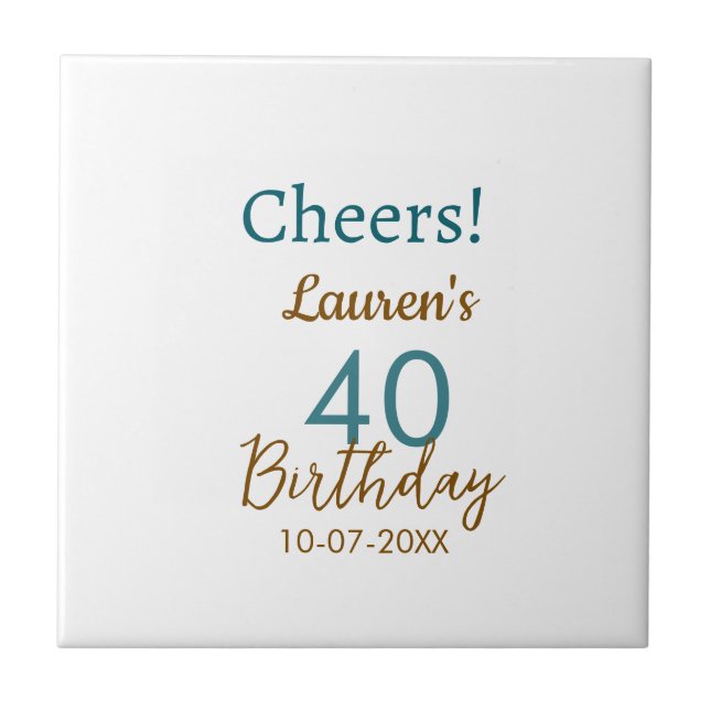 Carreau Joyeux 40e anniversaire nom date marron turquoise  (Devant)