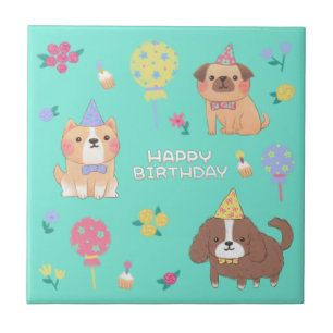 Carreau Joyeux anniversaire : Chiens, Ballons et Fleurs