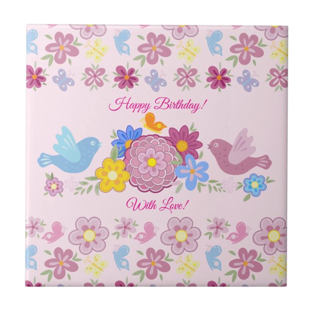 Carreau Joyeux Anniversaire Motif Oiseaux du Jardin Fleurs (Devant)