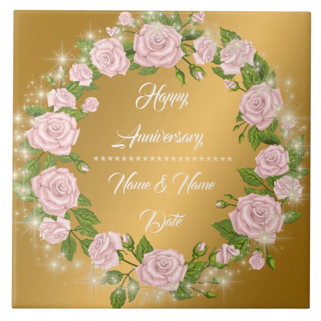 Carreau Joyeux Anniversaire Rose Dorée Personnalisée (Devant)