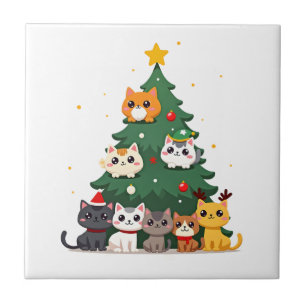 Carreau Joyeux Cat Noël Drôle d'arbre de Noël, chats Xmas 