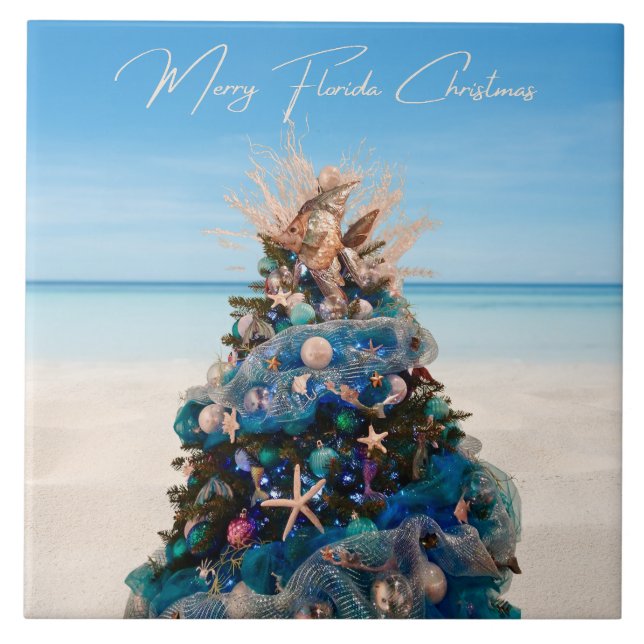 Carreau Joyeux Floride Noël Tropical Beach Holiday Tree (Devant)