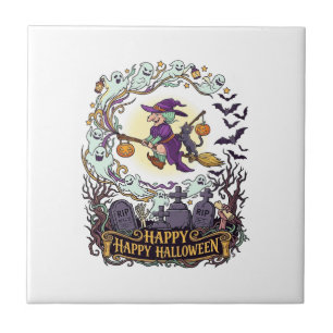 Carreau Joyeux Halloween Balai de Sorcière Chat Noir Fantô