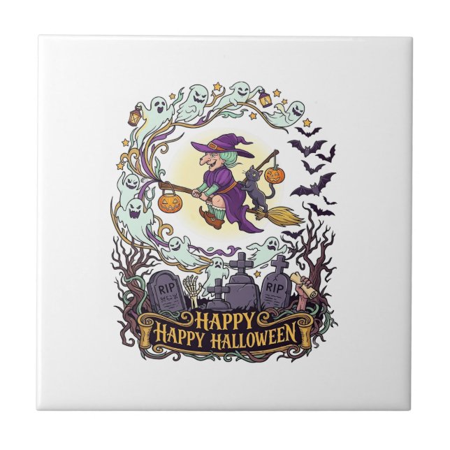 Carreau Joyeux Halloween Balai de Sorcière Chat Noir Fantô (Devant)
