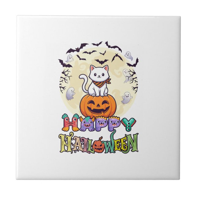 Carreau Joyeux Halloween Chat Blanc Citrouille Lune Chauve (Devant)