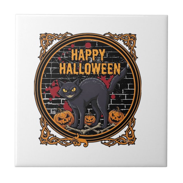 Carreau Joyeux Halloween Chat Noir Citrouilles Os_1 (Devant)