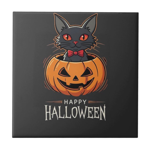 Carreau Joyeux Halloween Chat Noir Design de Citrouille_1 (Devant)