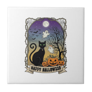 Carreau Joyeux Halloween Chat Noir Fantômes Citrouilles_1
