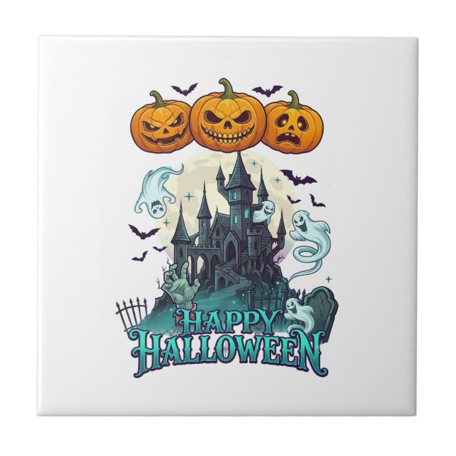 Carreau Joyeux Halloween Château Hanté Citrouilles Fantôme (Devant)