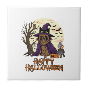 Carreau Joyeux Halloween Pug Chapeau de Sorcière Chaudron