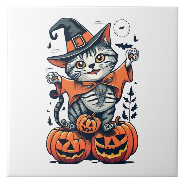 Carreau Joyeux Halloween Sorcière Chat (Devant)