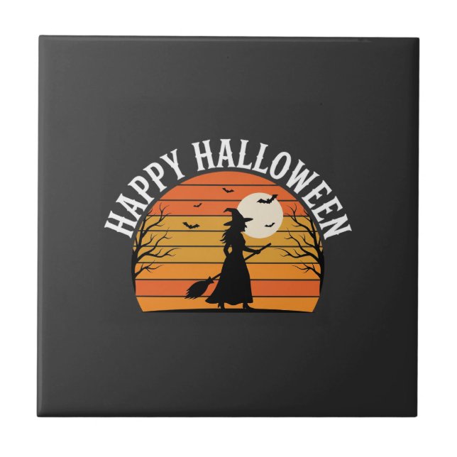 Carreau Joyeux Halloween Sorcière Coucher de soleil Design (Devant)