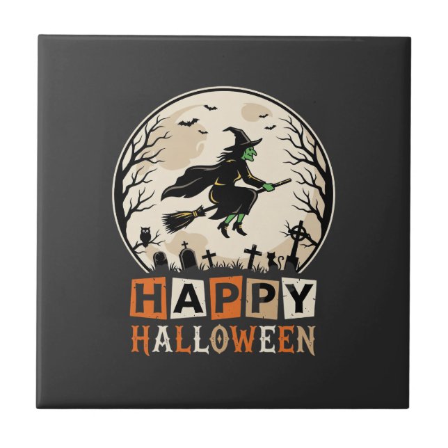 Carreau Joyeux Halloween Sorcière Lune Cimetière Conceptio (Devant)