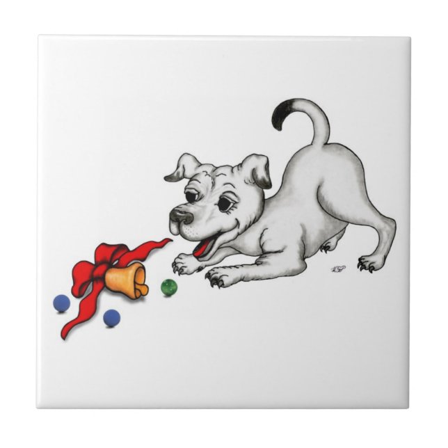 Carreau Joyeux Noël ! Chiot avec Bell et Ball (Devant)