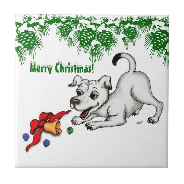 Carreau Joyeux Noël ! Chiot avec Bell et Ball (Devant)