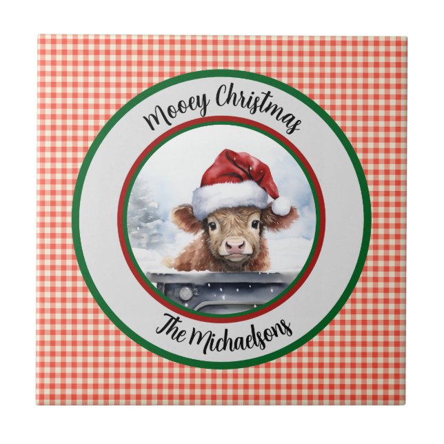 Carreau Joyeux Noël Drôle Vache Highland Rouge Gingham  (Devant)